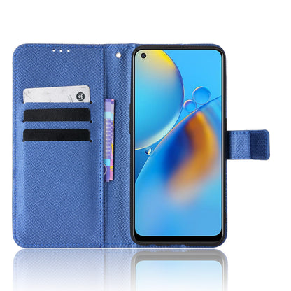 For Oppo A74 4G/Oppo F19 PU Leather Phone Case Wallet Stand Cover Anti-scratch Diamond Texture Phone Cover with Strap