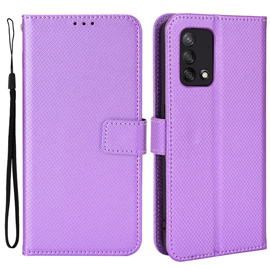 For Oppo A74 4G/Oppo F19 PU Leather Phone Case Wallet Stand Cover Anti-scratch Diamond Texture Phone Cover with Strap