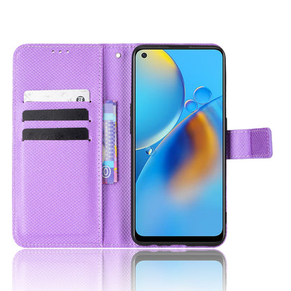 For Oppo A74 4G/Oppo F19 PU Leather Phone Case Wallet Stand Cover Anti-scratch Diamond Texture Phone Cover with Strap