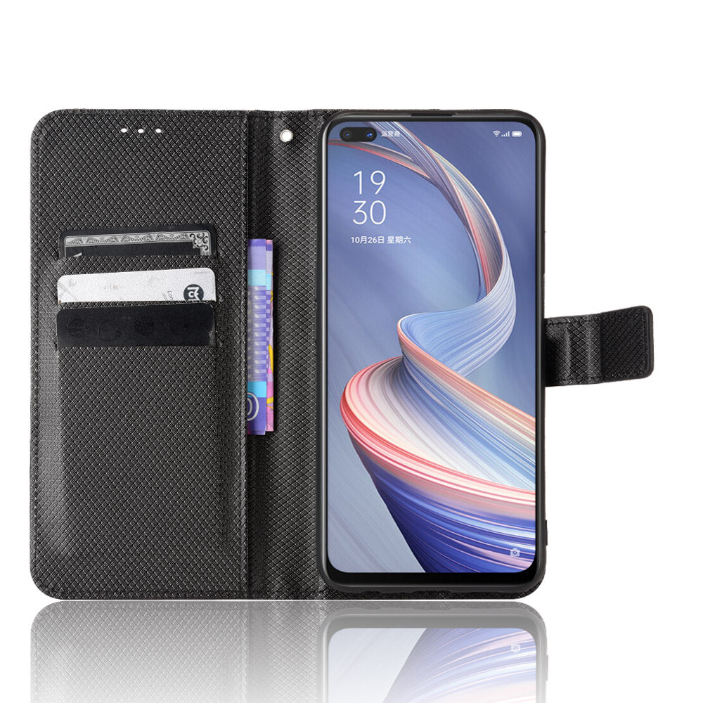 For Oppo A92s/Reno4 Z 5G Diamond Texture Phone Case Cover PU Leather Wallet Stand Cell Phone Shell with Strap