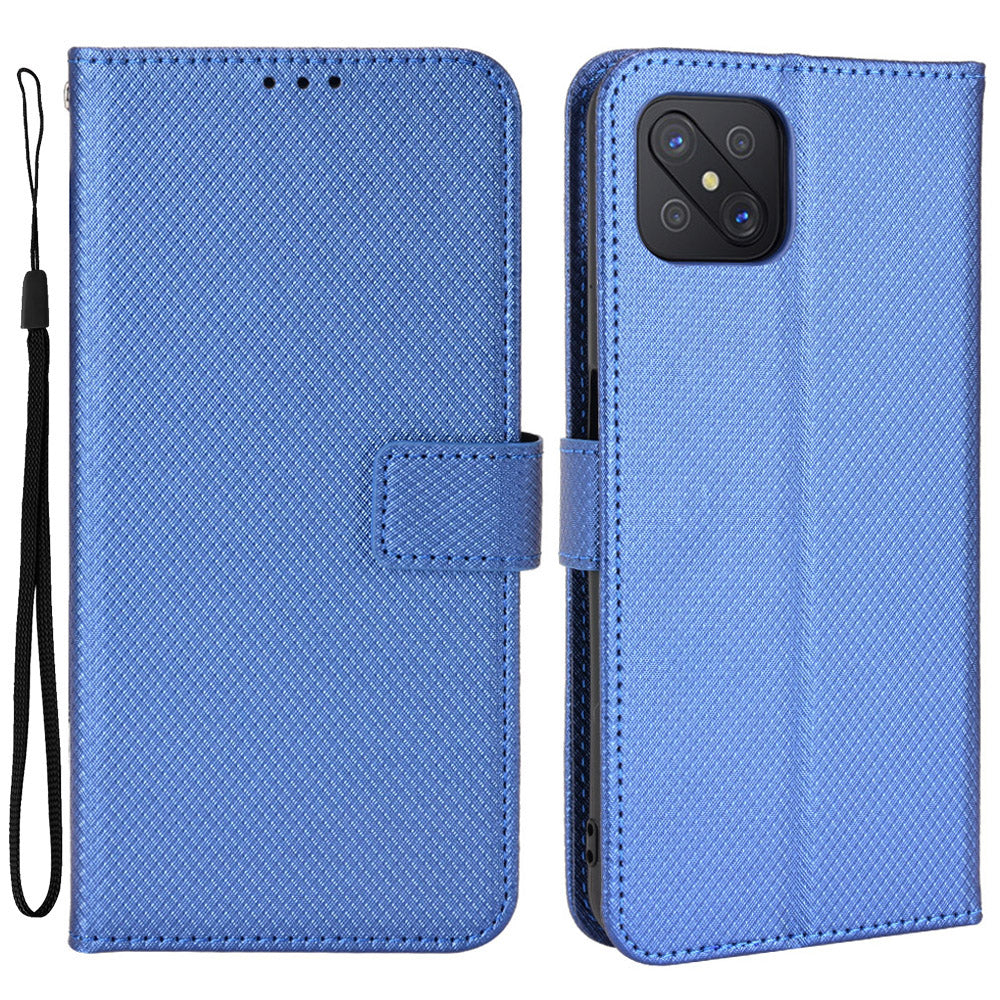 For Oppo A92s/Reno4 Z 5G Diamond Texture Phone Case Cover PU Leather Wallet Stand Cell Phone Shell with Strap