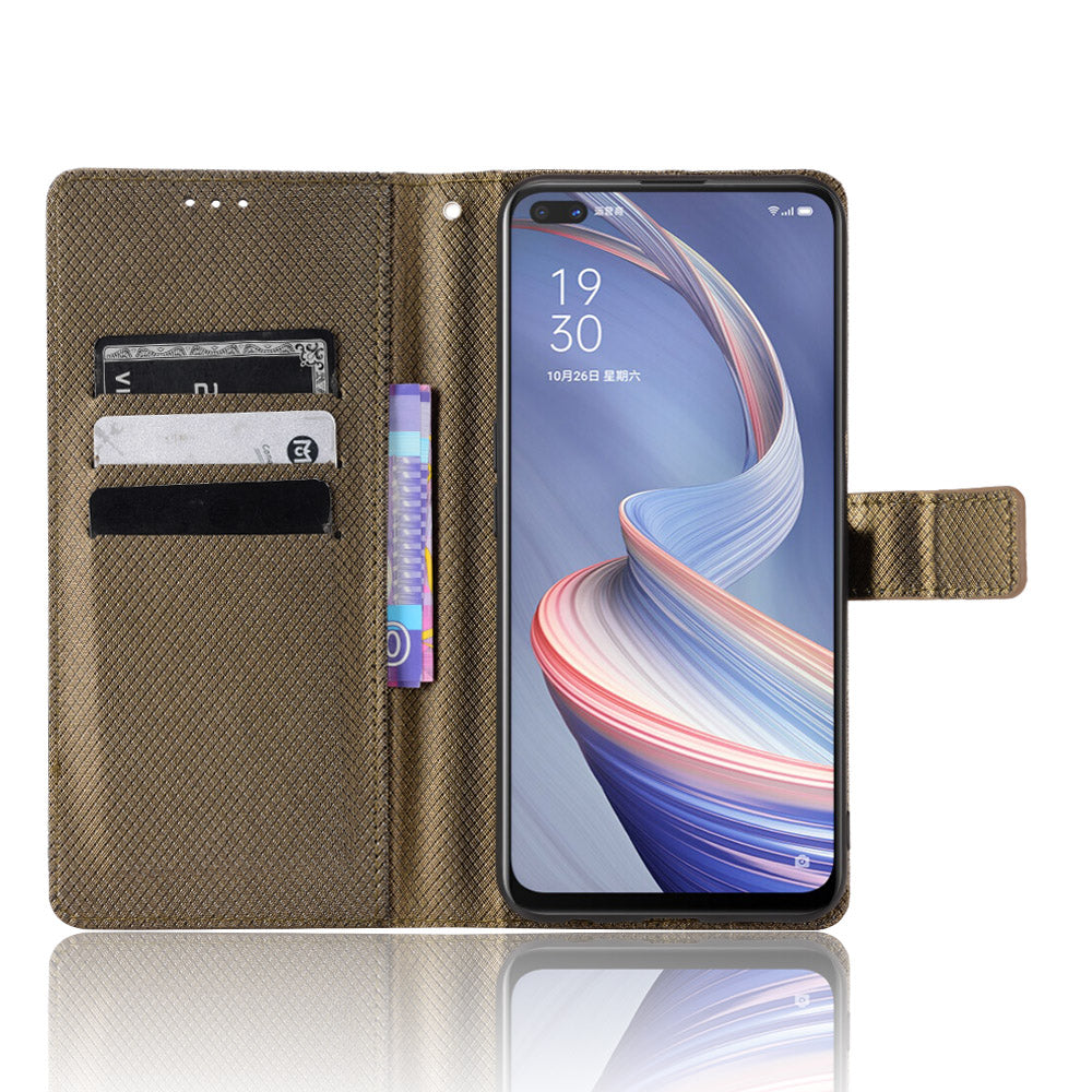 For Oppo A92s/Reno4 Z 5G Diamond Texture Phone Case Cover PU Leather Wallet Stand Cell Phone Shell with Strap