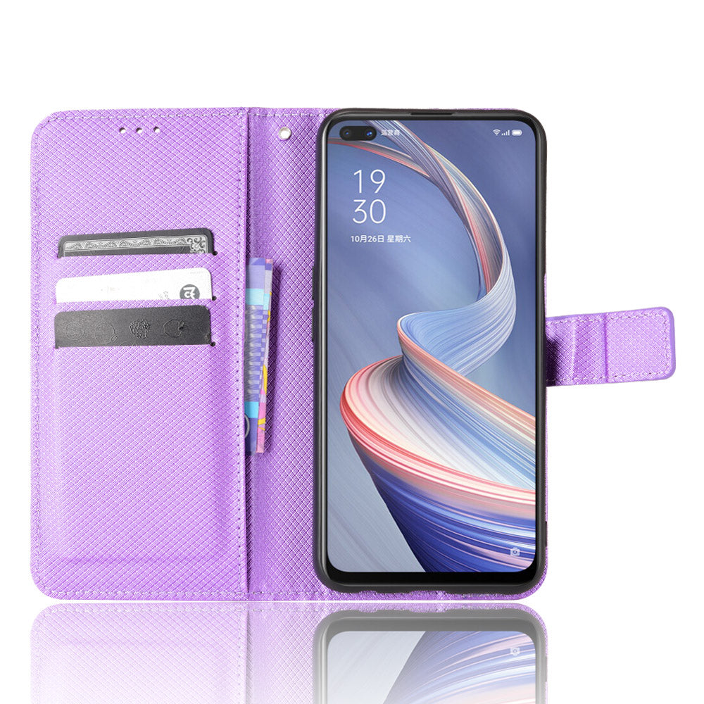 For Oppo A92s/Reno4 Z 5G Diamond Texture Phone Case Cover PU Leather Wallet Stand Cell Phone Shell with Strap