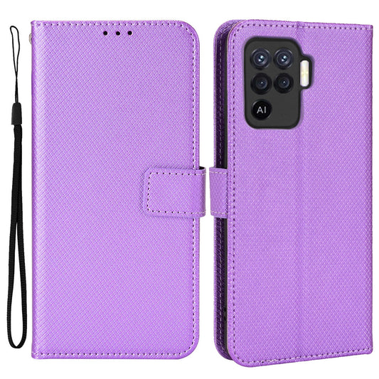 For Oppo A94 4G/F19 Pro 4G/Reno5 F 4G/Reno5 Lite Anti-scratch Anti-drop Diamond Texture PU Leather Wallet Stand Cover Phone Case with Strap