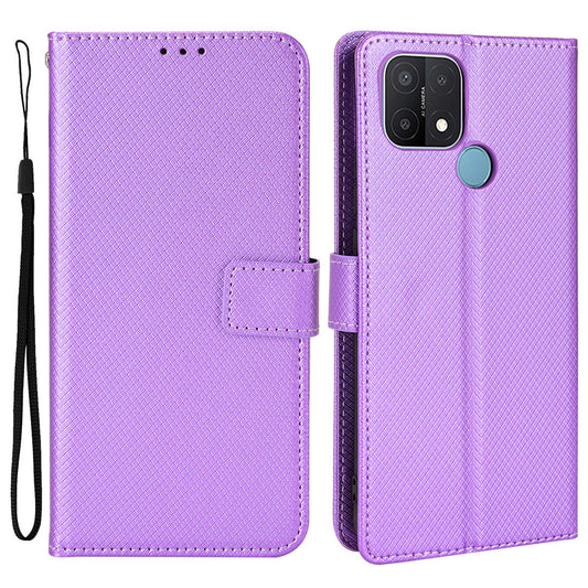 For Oppo A15 Cell Phone Case Diamond Texture PU Leather Wallet Stand Cover Anti-scratch Phone Shell with Strap