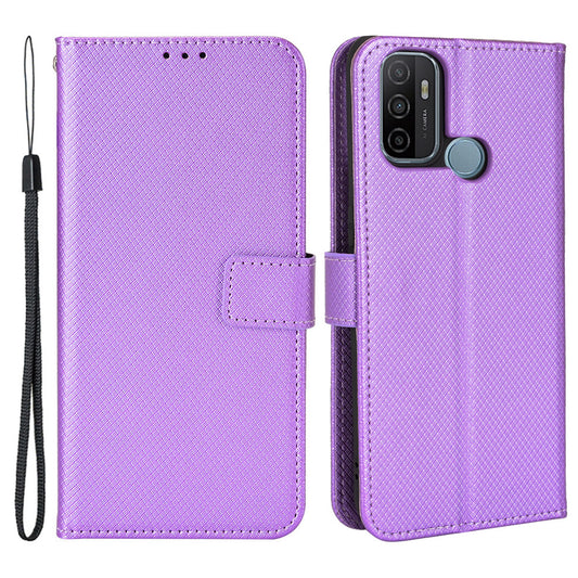 For Oppo A53(2020)/A32 (2020)/A33 (2020)/A53s Diamond Texture PU Leather Wallet Stand Cover Anti-scratch Cell Phone Case with Strap