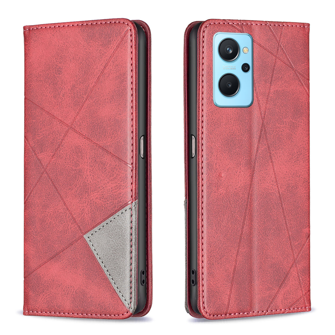 For Oppo A36/A76/Realme 9i Splicing Rhombus-like Imprinting PU Leather Case Full Protection Stand Magnetic Absorption Flip Folio Cover with Card Slots