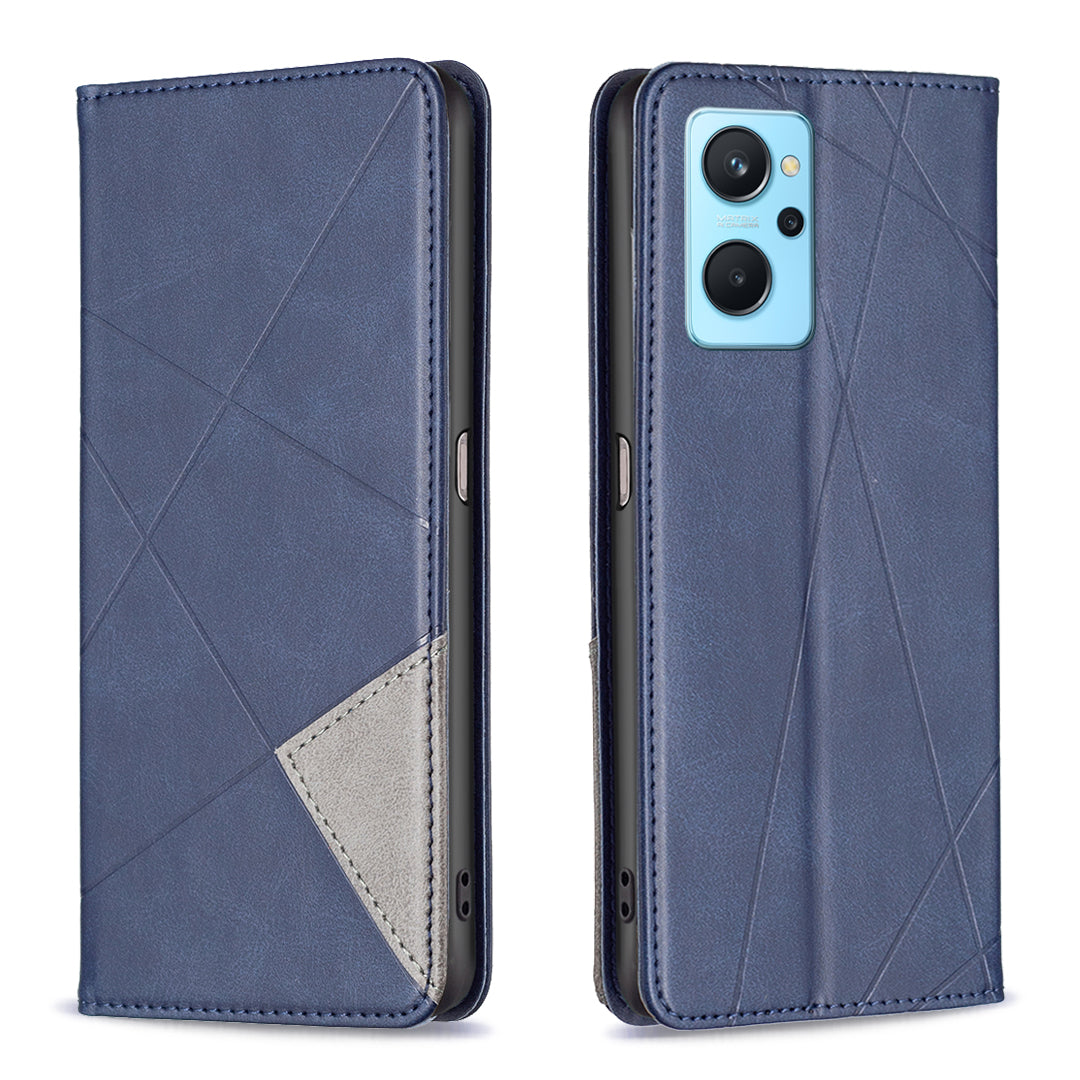 For Oppo A36/A76/Realme 9i Splicing Rhombus-like Imprinting PU Leather Case Full Protection Stand Magnetic Absorption Flip Folio Cover with Card Slots