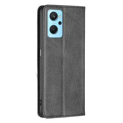 For Oppo A36/A76/Realme 9i Splicing Rhombus-like Imprinting PU Leather Case Full Protection Stand Magnetic Absorption Flip Folio Cover with Card Slots