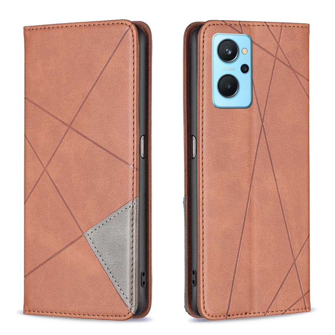 For Oppo A36/A76/Realme 9i Splicing Rhombus-like Imprinting PU Leather Case Full Protection Stand Magnetic Absorption Flip Folio Cover with Card Slots