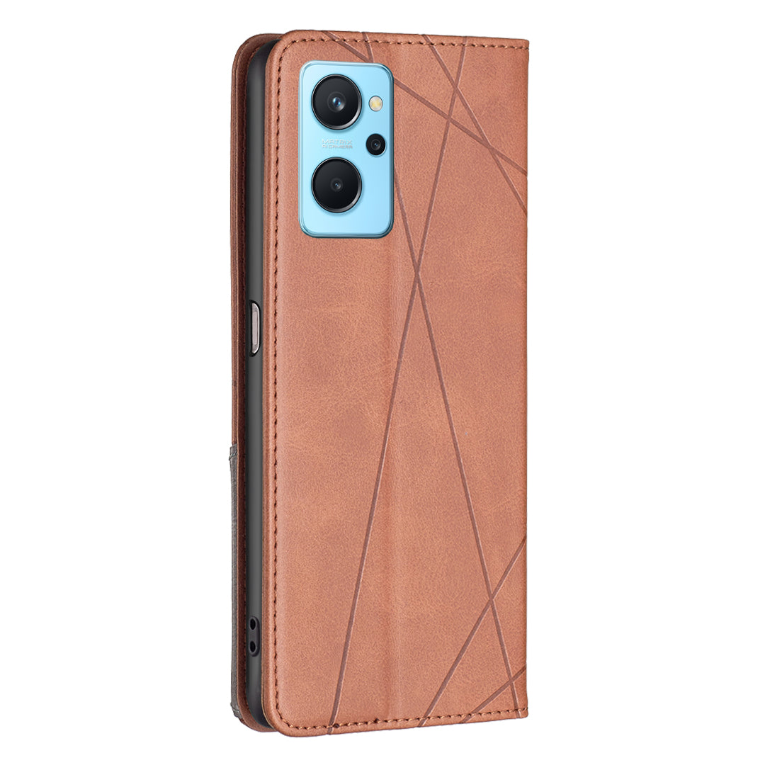 For Oppo A36/A76/Realme 9i Splicing Rhombus-like Imprinting PU Leather Case Full Protection Stand Magnetic Absorption Flip Folio Cover with Card Slots