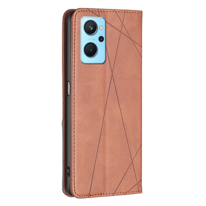 For Oppo A36/A76/Realme 9i Splicing Rhombus-like Imprinting PU Leather Case Full Protection Stand Magnetic Absorption Flip Folio Cover with Card Slots