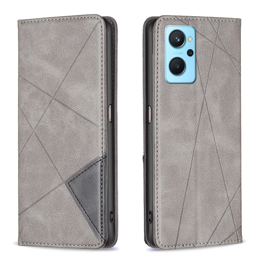 For Oppo A36/A76/Realme 9i Splicing Rhombus-like Imprinting PU Leather Case Full Protection Stand Magnetic Absorption Flip Folio Cover with Card Slots