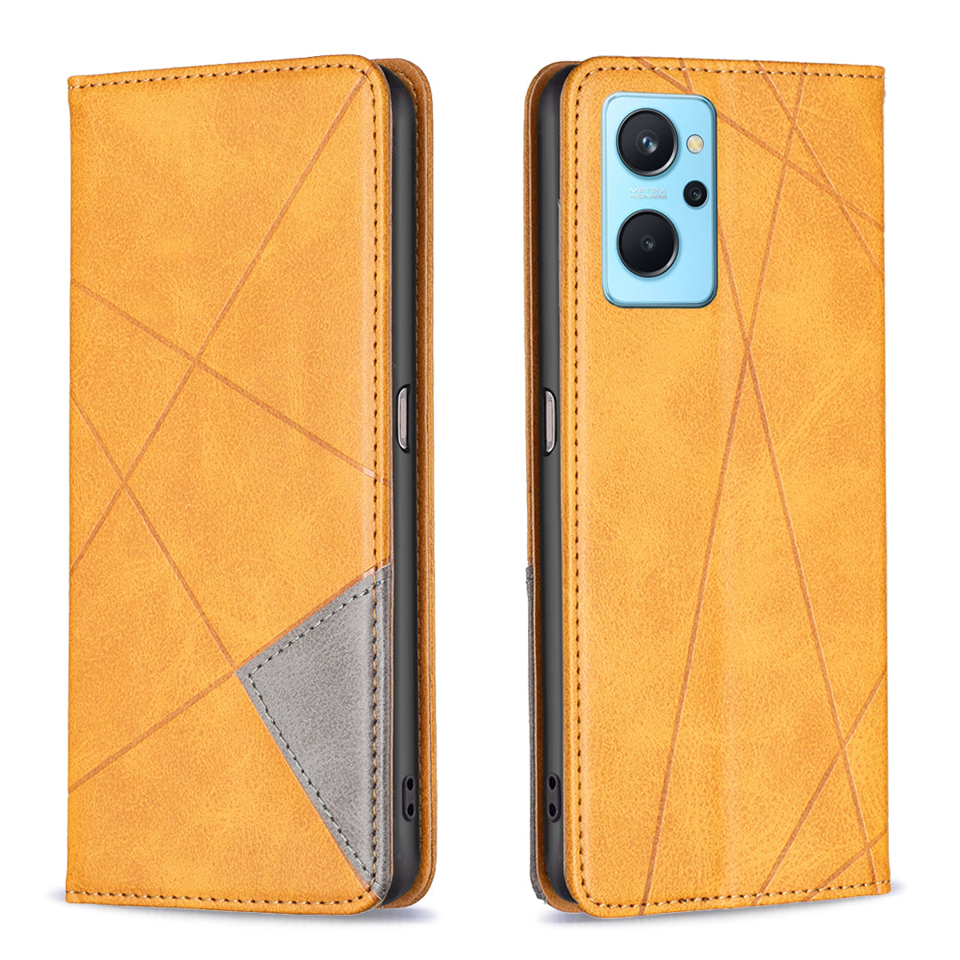 For Oppo A36/A76/Realme 9i Splicing Rhombus-like Imprinting PU Leather Case Full Protection Stand Magnetic Absorption Flip Folio Cover with Card Slots