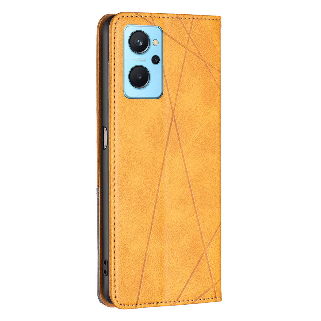 For Oppo A36/A76/Realme 9i Splicing Rhombus-like Imprinting PU Leather Case Full Protection Stand Magnetic Absorption Flip Folio Cover with Card Slots