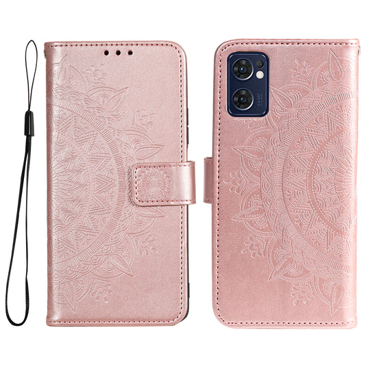 For Oppo Reno7 5G (Global) PU Leather + Inner TPU Cover Stand Imprinted Mandala Flower Anti-fall Flip Wallet Case with Strap