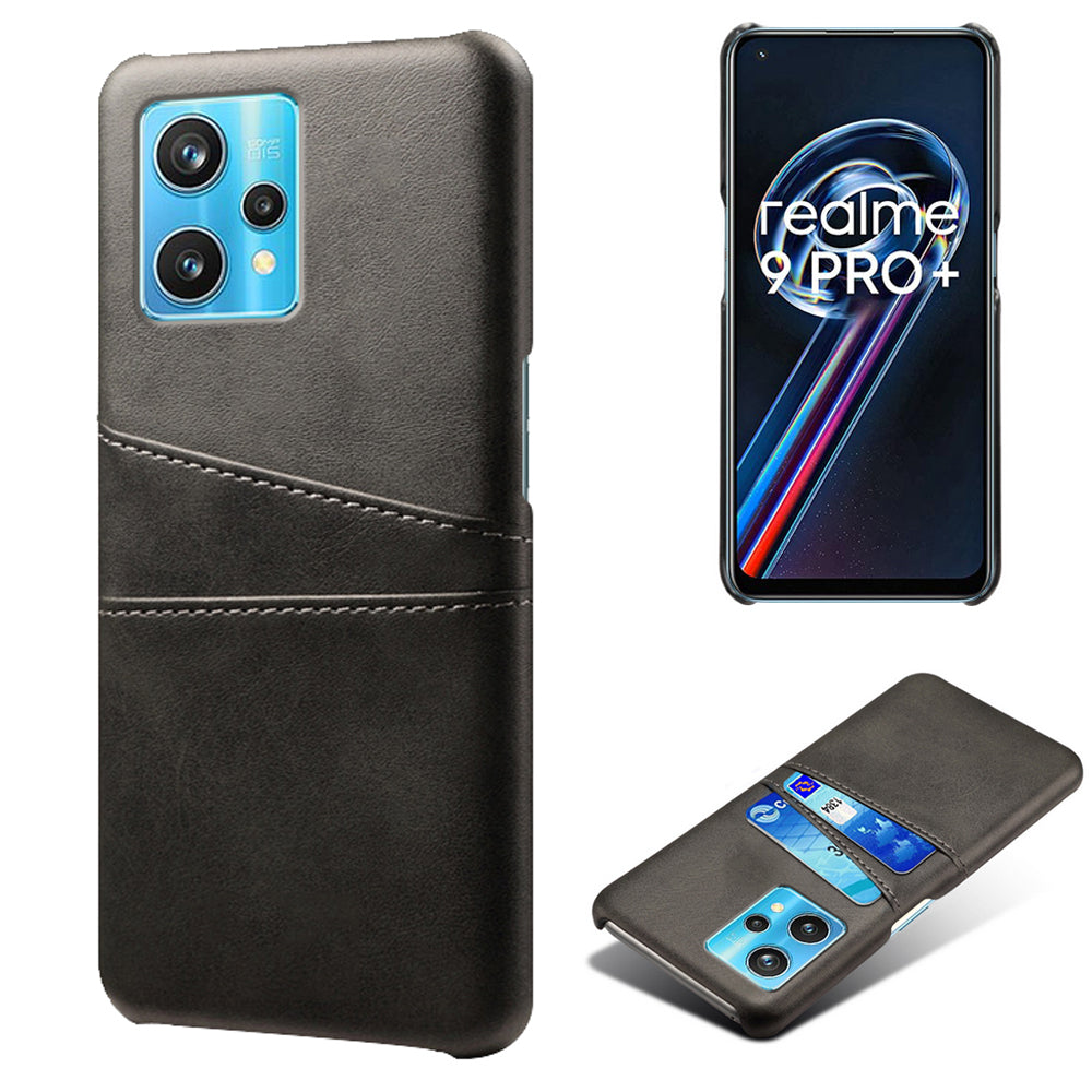 For Realme 9 Pro+ Double Protection PU Leather Coated Hard PC Cover Two Card Slots Phone Protective Shell