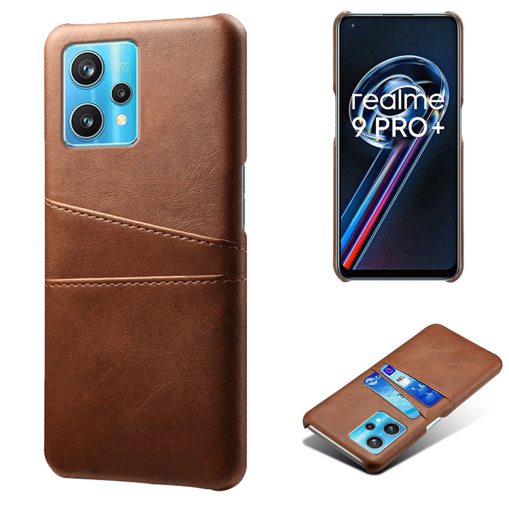 For Realme 9 Pro+ Double Protection PU Leather Coated Hard PC Cover Two Card Slots Phone Protective Shell