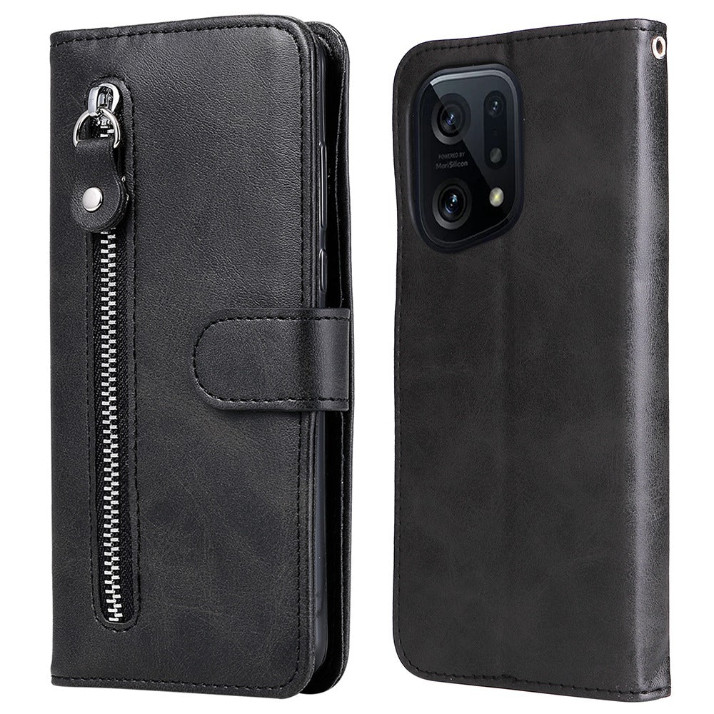 For Oppo Find X5 Magnetic Clasp Zipper Purse PU Leather Wallet Case Inner TPU Shockproof Stand Phone Cover