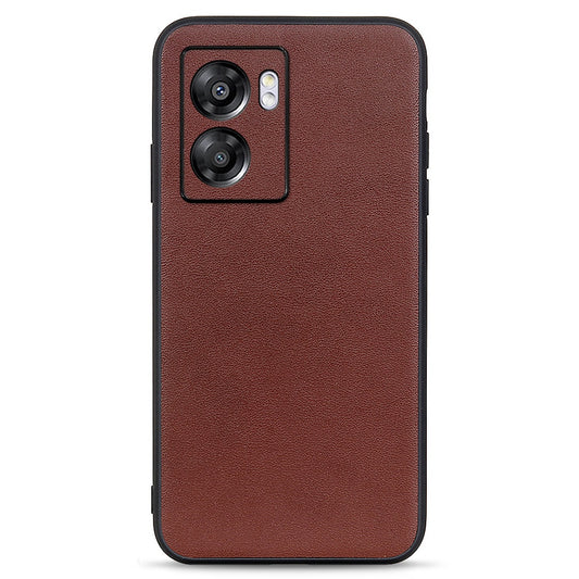 For Oppo A57 (2022) 5G / A77 5G Protective Phone Cover Textured Genuine Leather Coated TPU + PC Anti-drop Hybrid Case