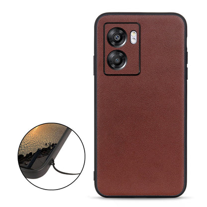 For Oppo A57 (2022) 5G / A77 5G Protective Phone Cover Textured Genuine Leather Coated TPU + PC Anti-drop Hybrid Case