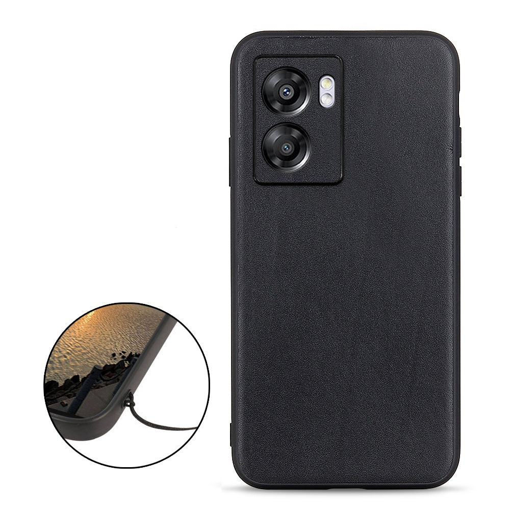 For Oppo A57 (2022) 5G / A77 5G Protective Phone Cover Textured Genuine Leather Coated TPU + PC Anti-drop Hybrid Case