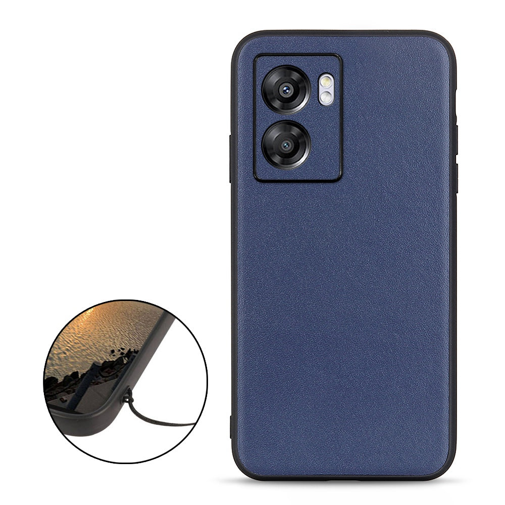 For Oppo A57 (2022) 5G / A77 5G Protective Phone Cover Textured Genuine Leather Coated TPU + PC Anti-drop Hybrid Case