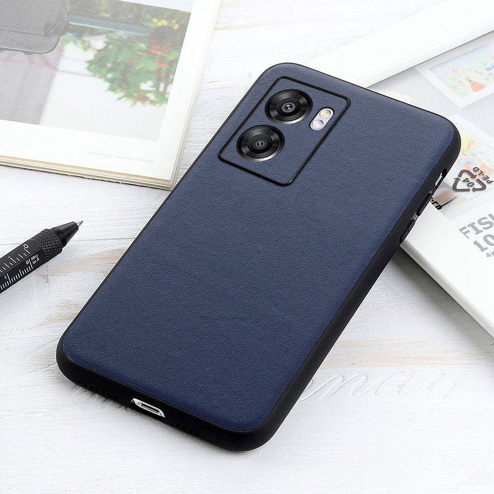 For Oppo A57 (2022) 5G / A77 5G Protective Phone Cover Textured Genuine Leather Coated TPU + PC Anti-drop Hybrid Case