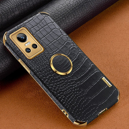 For Realme GT Neo3 Ring Holder Kickstand Case Crocodile Texture Leather Coated TPU 6D Electroplated Shockproof Protective Shell