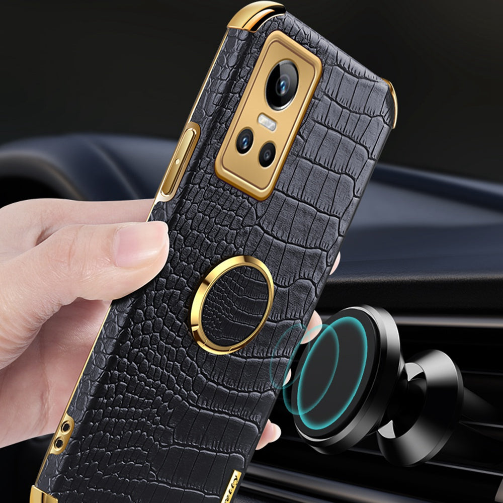 For Realme GT Neo3 Ring Holder Kickstand Case Crocodile Texture Leather Coated TPU 6D Electroplated Shockproof Protective Shell