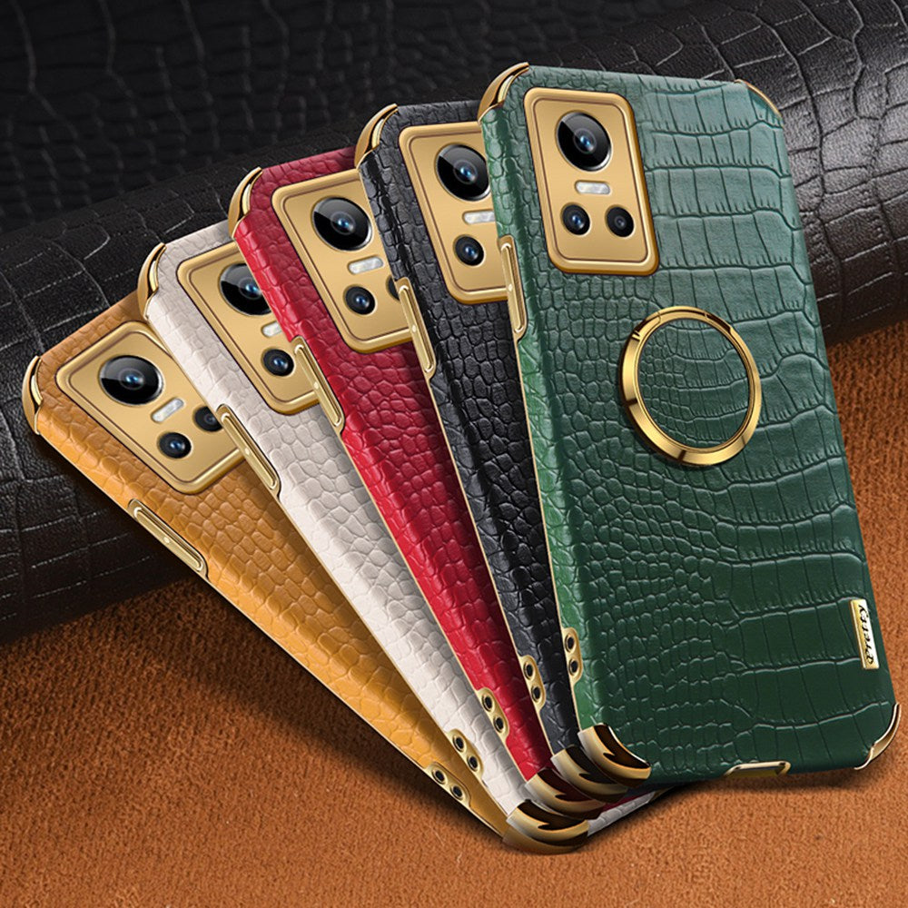 For Realme GT Neo3 Ring Holder Kickstand Case Crocodile Texture Leather Coated TPU 6D Electroplated Shockproof Protective Shell