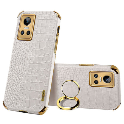 For Realme GT Neo3 Ring Holder Kickstand Case Crocodile Texture Leather Coated TPU 6D Electroplated Shockproof Protective Shell