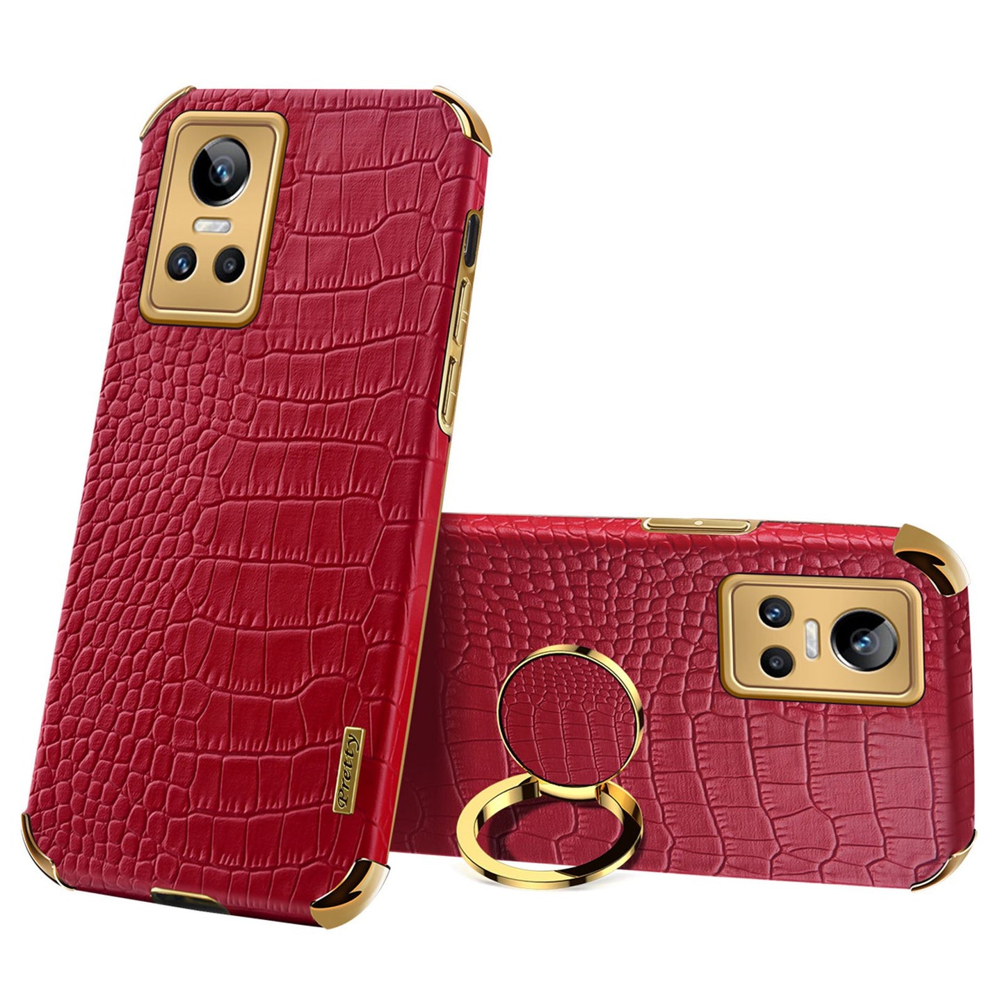 For Realme GT Neo3 Ring Holder Kickstand Case Crocodile Texture Leather Coated TPU 6D Electroplated Shockproof Protective Shell