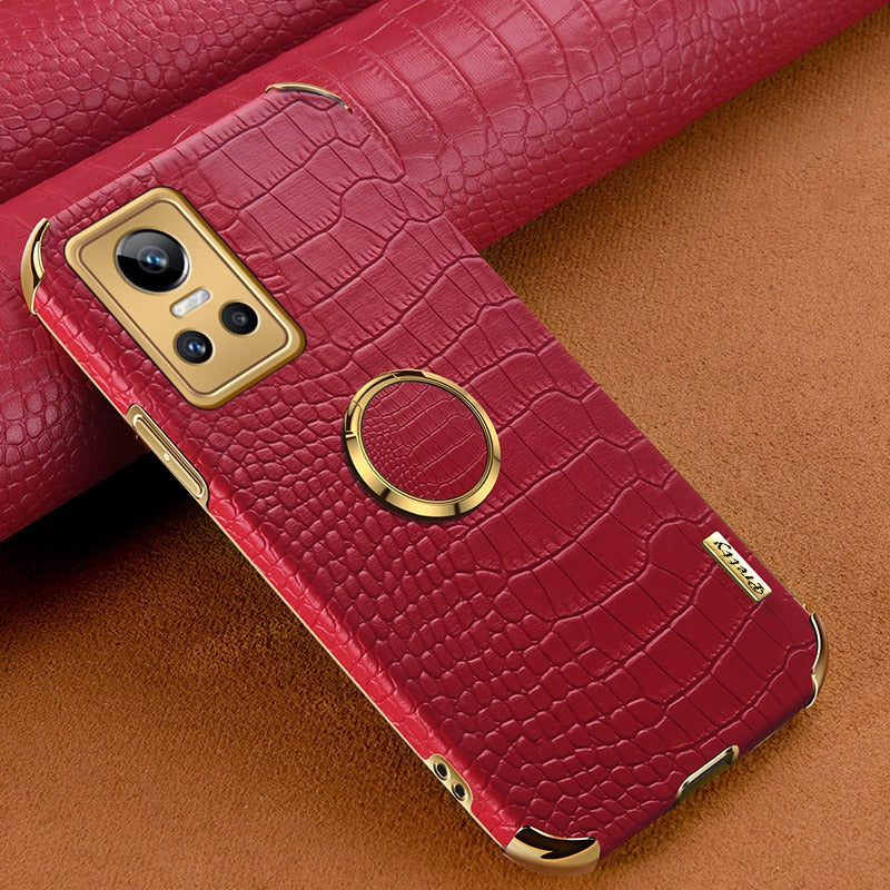 For Realme GT Neo3 Ring Holder Kickstand Case Crocodile Texture Leather Coated TPU 6D Electroplated Shockproof Protective Shell