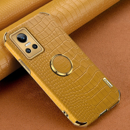 For Realme GT Neo3 Ring Holder Kickstand Case Crocodile Texture Leather Coated TPU 6D Electroplated Shockproof Protective Shell