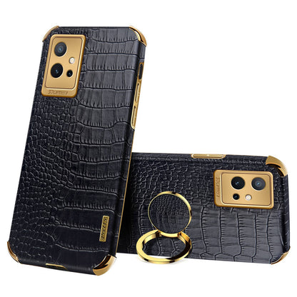 For vivo Y75 5G Ring Holder Kickstand Case Precise Cutout Crocodile Texture Leather Coated TPU 6D Electroplated Shockproof Protective Shell