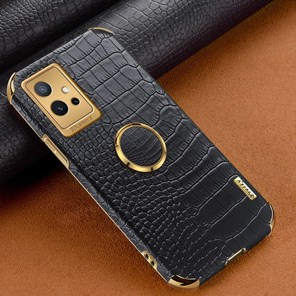 For vivo Y75 5G Ring Holder Kickstand Case Precise Cutout Crocodile Texture Leather Coated TPU 6D Electroplated Shockproof Protective Shell