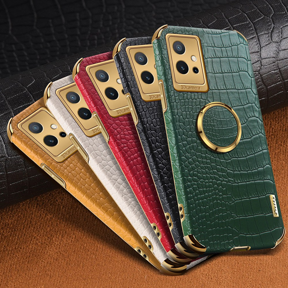 For vivo Y75 5G Ring Holder Kickstand Case Precise Cutout Crocodile Texture Leather Coated TPU 6D Electroplated Shockproof Protective Shell