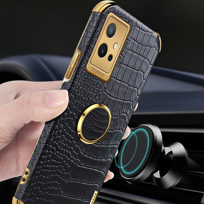 For vivo Y75 5G Ring Holder Kickstand Case Precise Cutout Crocodile Texture Leather Coated TPU 6D Electroplated Shockproof Protective Shell