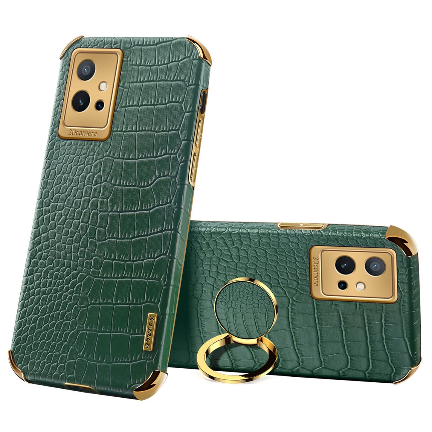 For vivo Y75 5G Ring Holder Kickstand Case Precise Cutout Crocodile Texture Leather Coated TPU 6D Electroplated Shockproof Protective Shell