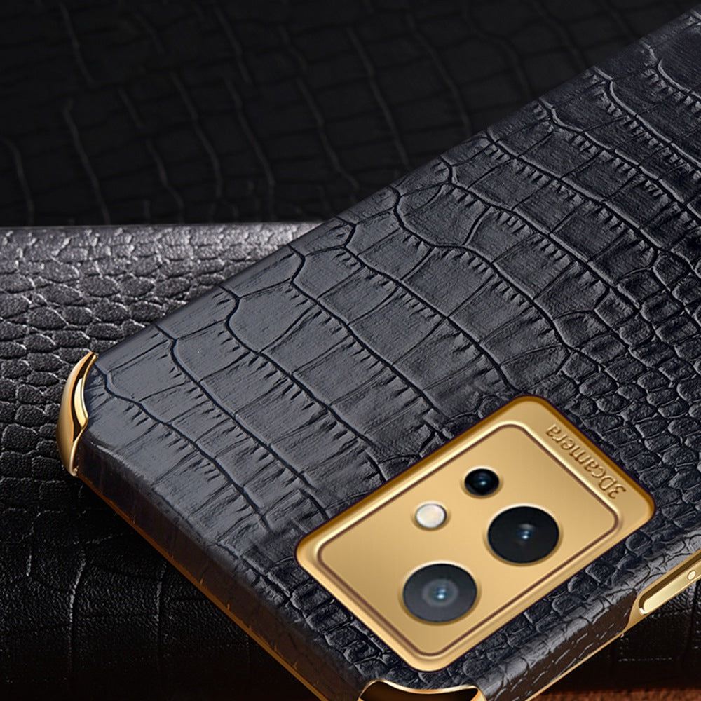 For vivo Y75 5G Ring Holder Kickstand Case Precise Cutout Crocodile Texture Leather Coated TPU 6D Electroplated Shockproof Protective Shell