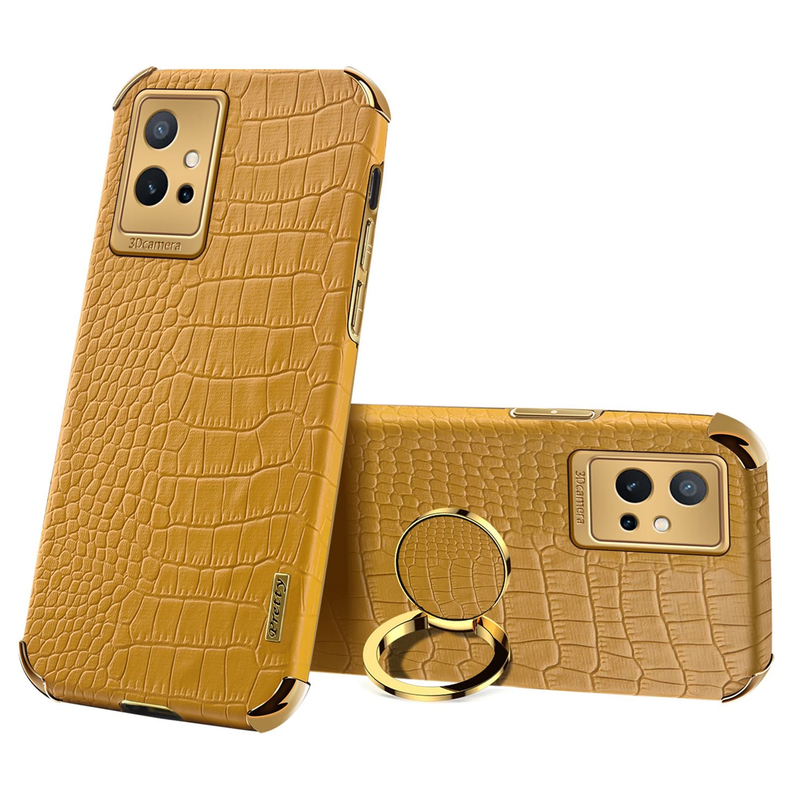 For vivo Y75 5G Ring Holder Kickstand Case Precise Cutout Crocodile Texture Leather Coated TPU 6D Electroplated Shockproof Protective Shell