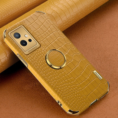 For vivo Y75 5G Ring Holder Kickstand Case Precise Cutout Crocodile Texture Leather Coated TPU 6D Electroplated Shockproof Protective Shell