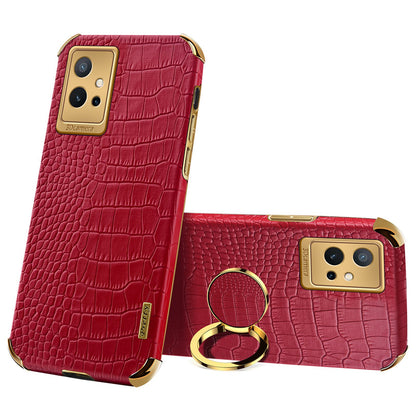 For vivo Y75 5G Ring Holder Kickstand Case Precise Cutout Crocodile Texture Leather Coated TPU 6D Electroplated Shockproof Protective Shell