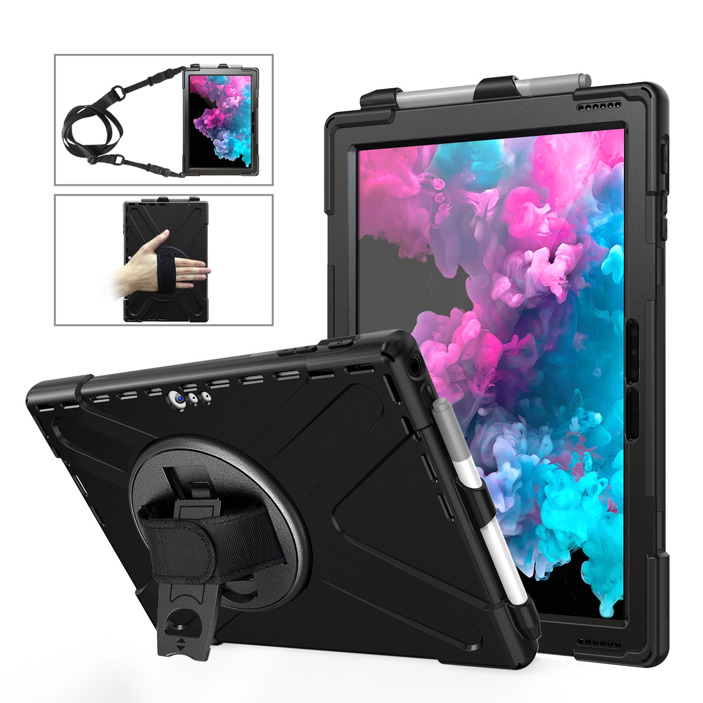 For Microsoft Surface Pro 7 6 5 4 [X-Shape] PC + TPU Combo Case / 360 Degree Swivel Kickstand / Hand Strap and Shoulder Strap