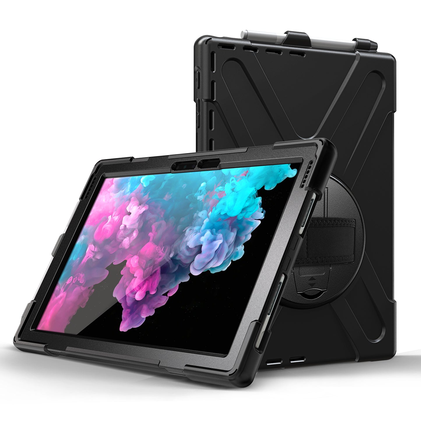 For Microsoft Surface Pro 7 6 5 4 [X-Shape] PC + TPU Combo Case / 360 Degree Swivel Kickstand / Hand Strap and Shoulder Strap