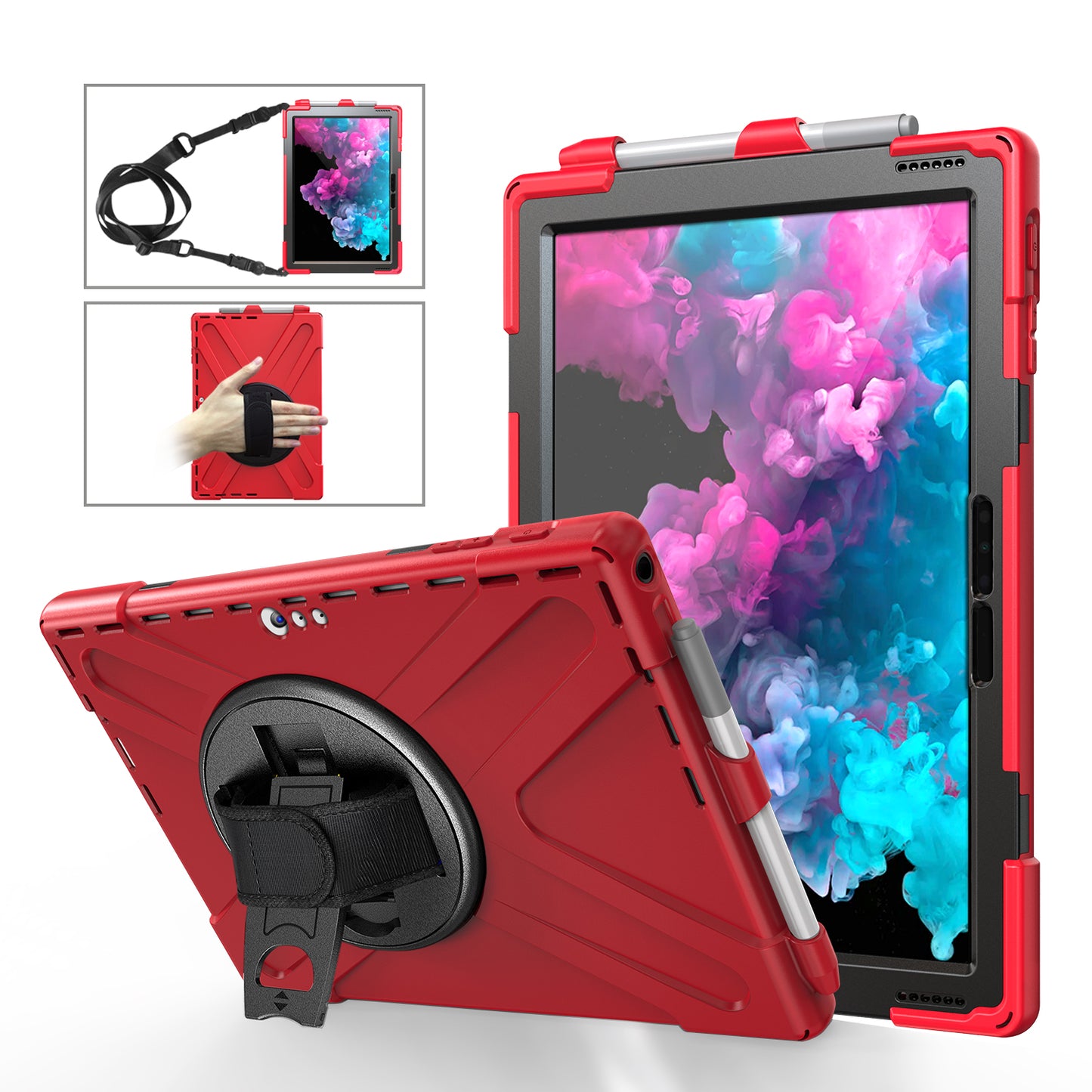 For Microsoft Surface Pro 7 6 5 4 [X-Shape] PC + TPU Combo Case / 360 Degree Swivel Kickstand / Hand Strap and Shoulder Strap