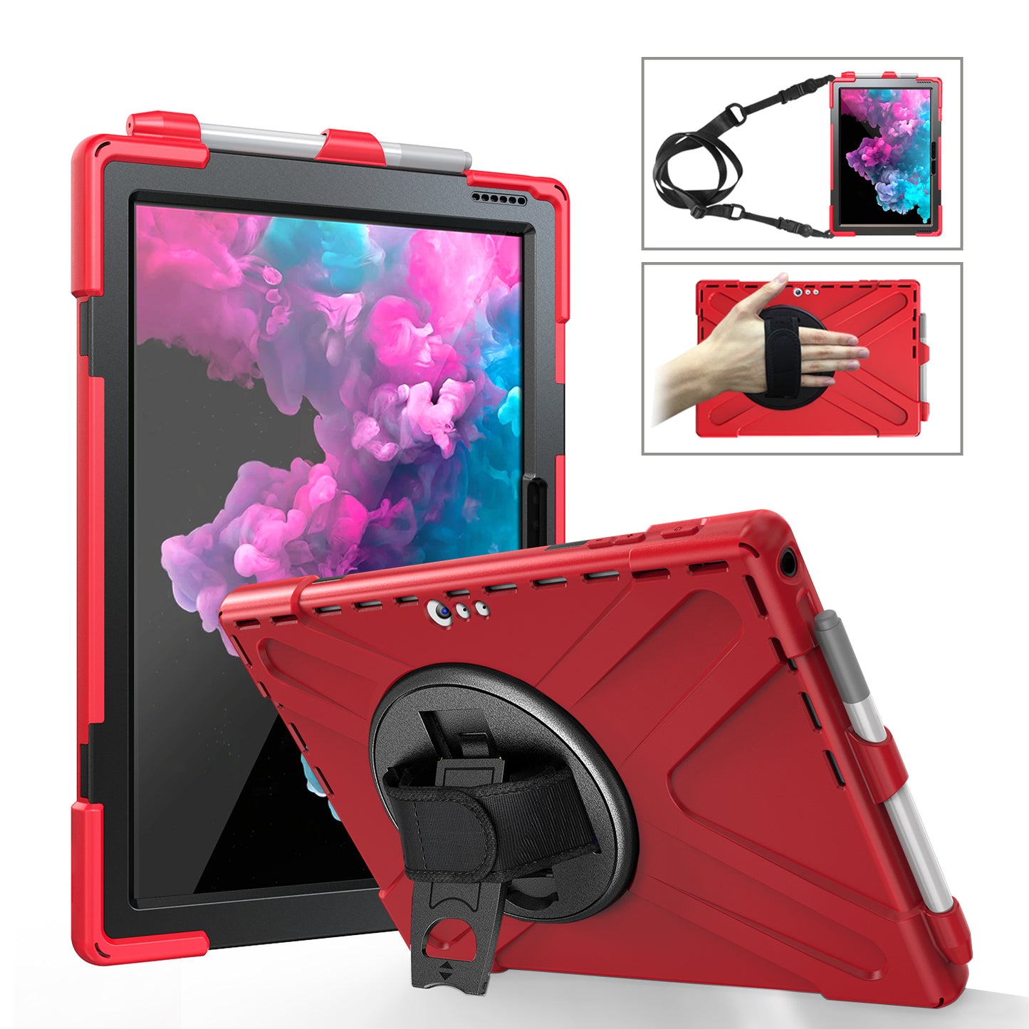 For Microsoft Surface Pro 7 6 5 4 [X-Shape] PC + TPU Combo Case / 360 Degree Swivel Kickstand / Hand Strap and Shoulder Strap