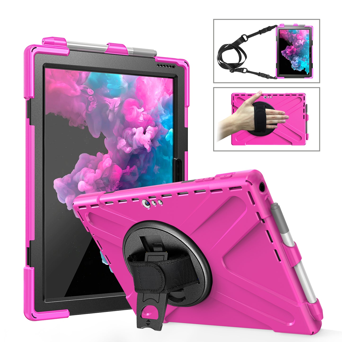 For Microsoft Surface Pro 7 6 5 4 [X-Shape] PC + TPU Combo Case / 360 Degree Swivel Kickstand / Hand Strap and Shoulder Strap