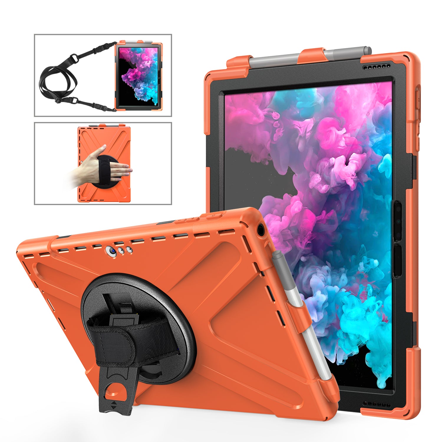 For Microsoft Surface Pro 7 6 5 4 [X-Shape] PC + TPU Combo Case / 360 Degree Swivel Kickstand / Hand Strap and Shoulder Strap